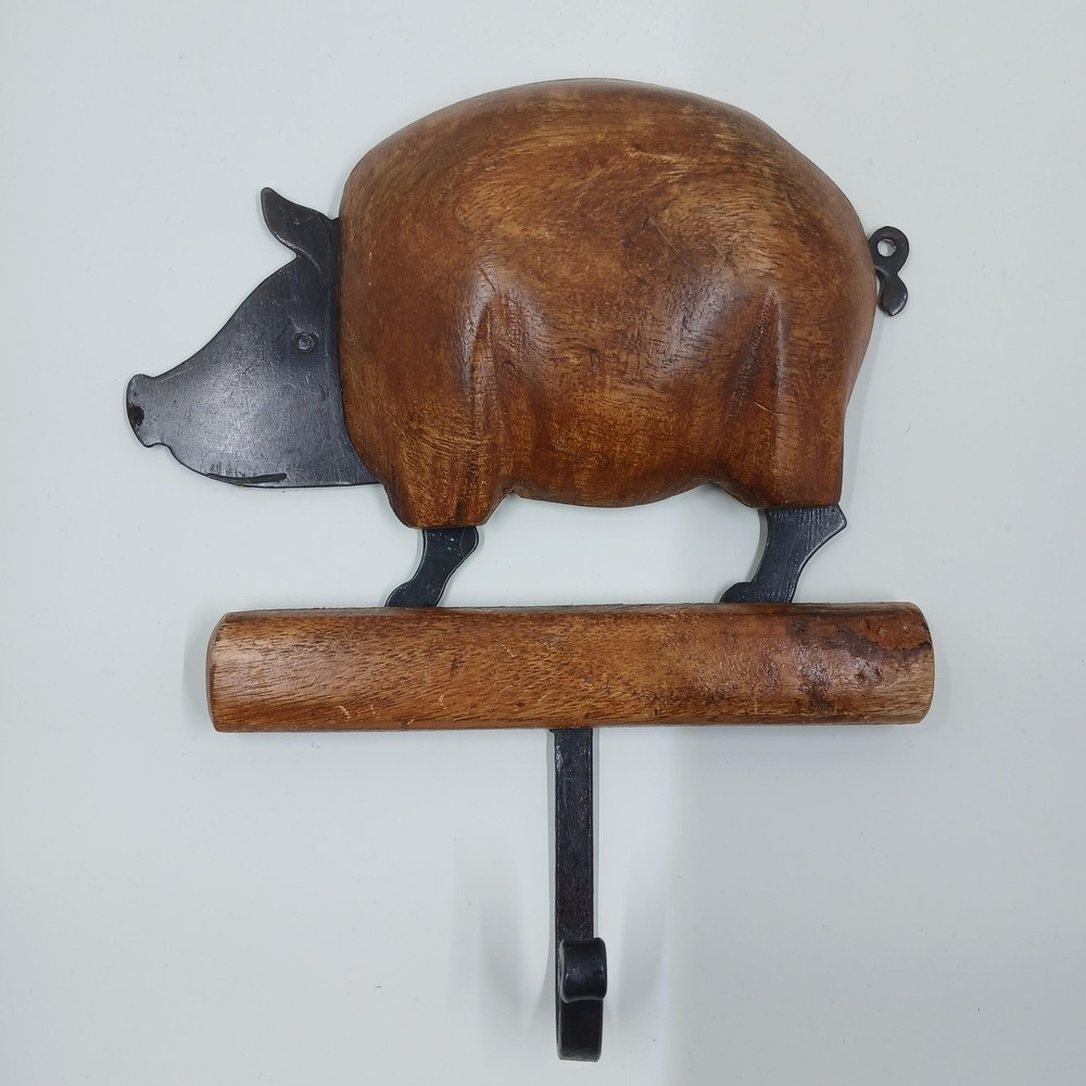 Pier 1‎ Pig Wall Hook Rustic Wood Metal Farmhouse Kitchen Towel Coat Hanger Bath
